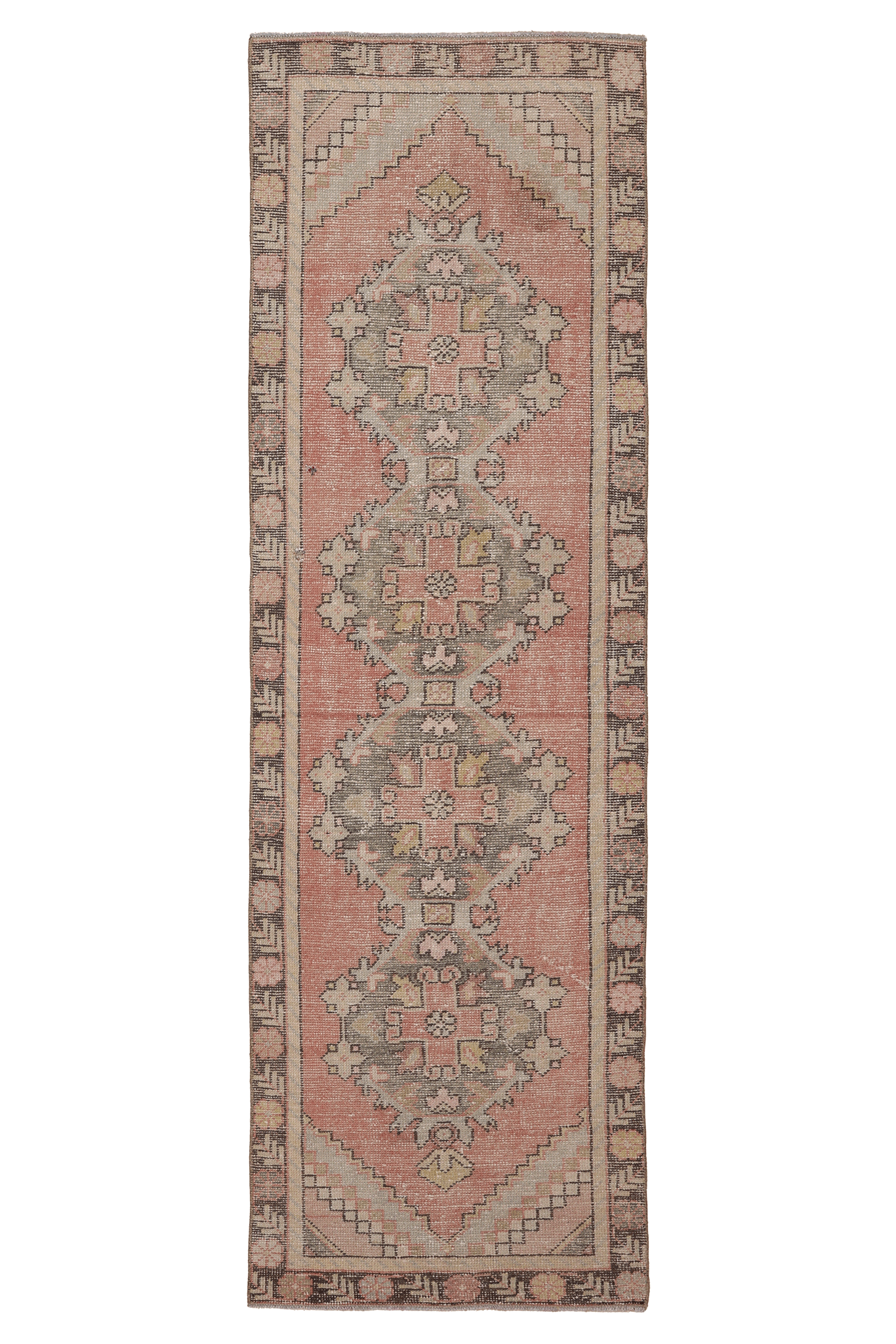 Vintage Niğde Turkish Runner Rug 2x9 ft — Pink & Gray Geometric