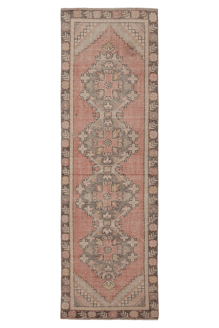 Vintage Niğde Turkish Runner Rug 2x9 ft — Pink & Gray Geometric