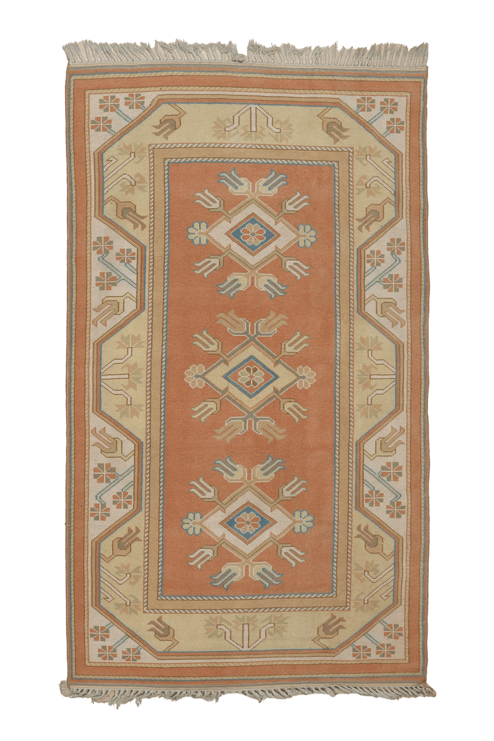 Vintage Muğla Turkish Runner Rug 3x6 ft — Orange & Beige Geometric