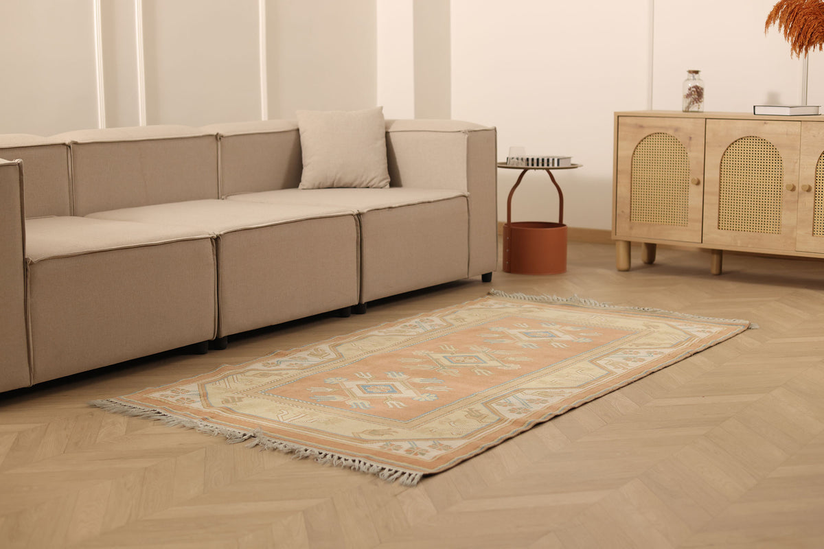 Vintage Muğla Turkish Runner Rug 3x6 ft — Orange & Beige Geometric