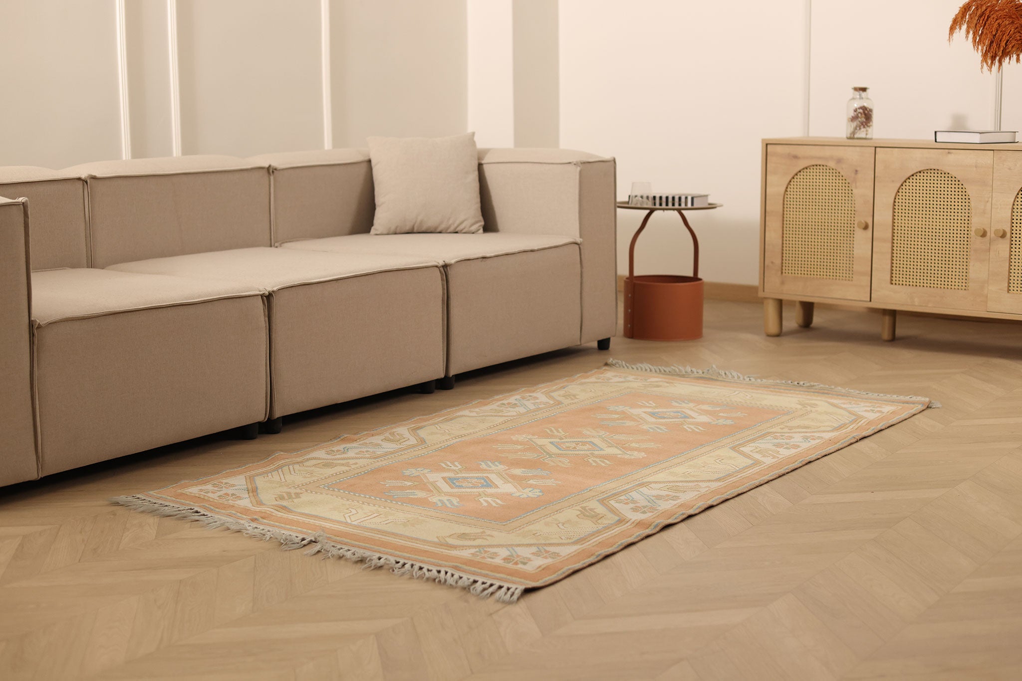 Vintage Muğla Turkish Runner Rug 3x6 ft — Orange & Beige Geometric