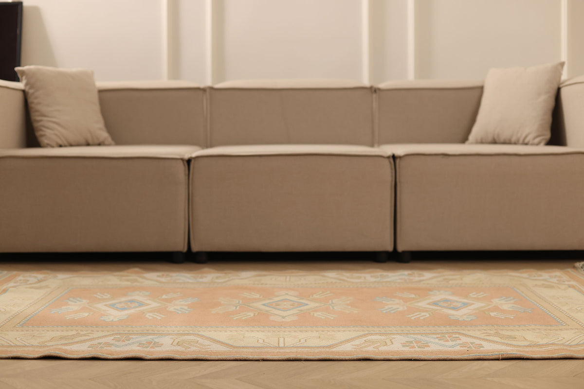 Vintage Muğla Turkish Runner Rug 3x6 ft — Orange & Beige Geometric