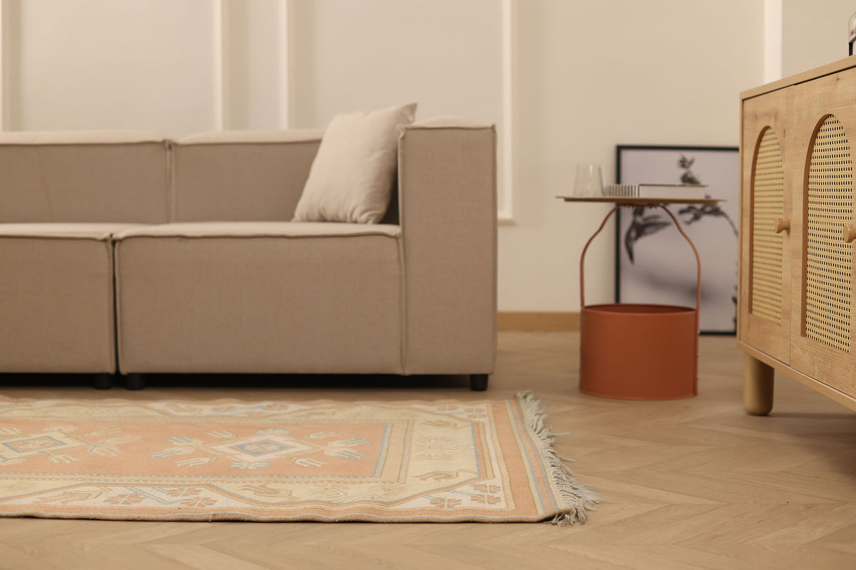 Vintage Muğla Turkish Runner Rug 3x6 ft — Orange & Beige Geometric