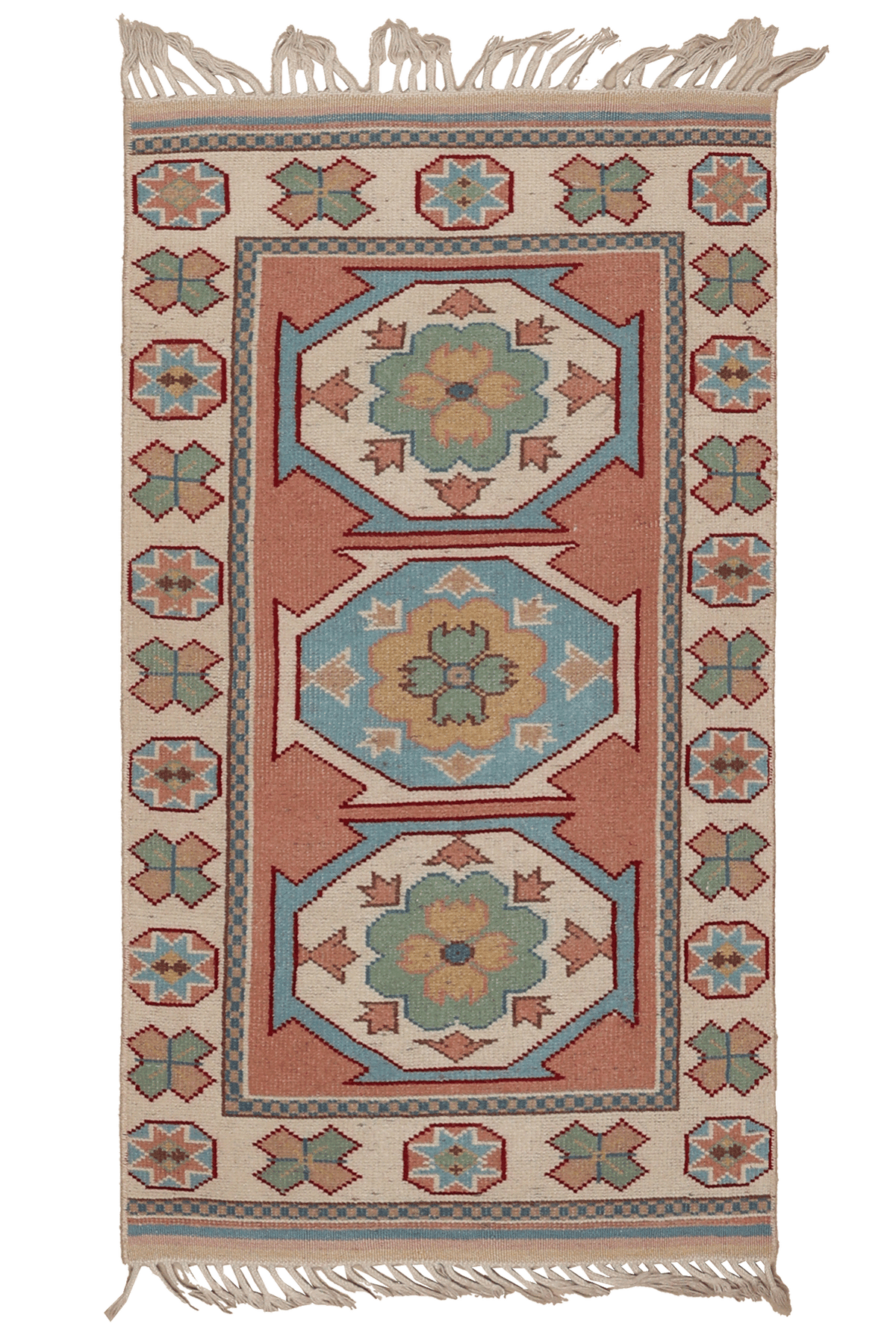 Vintage Niğde Turkish Area Rug 2x4 ft — Beige & Red Geometric