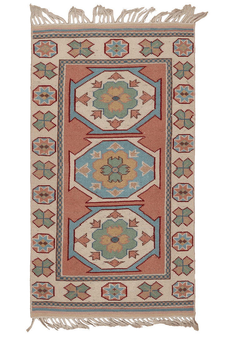 Vintage Niğde Turkish Area Rug 2x4 ft — Beige & Red Geometric