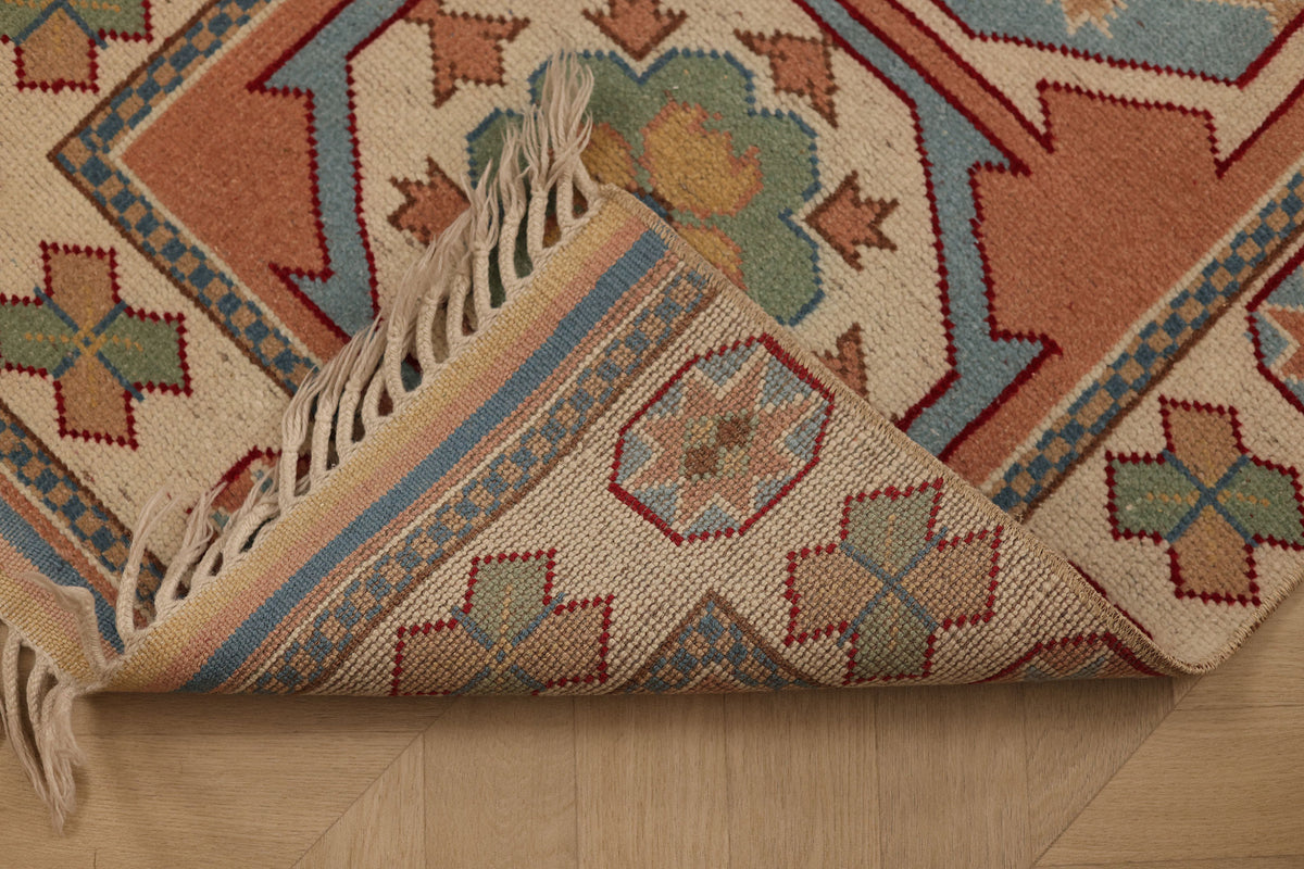 Vintage Niğde Turkish Area Rug 2x4 ft — Beige & Red Geometric