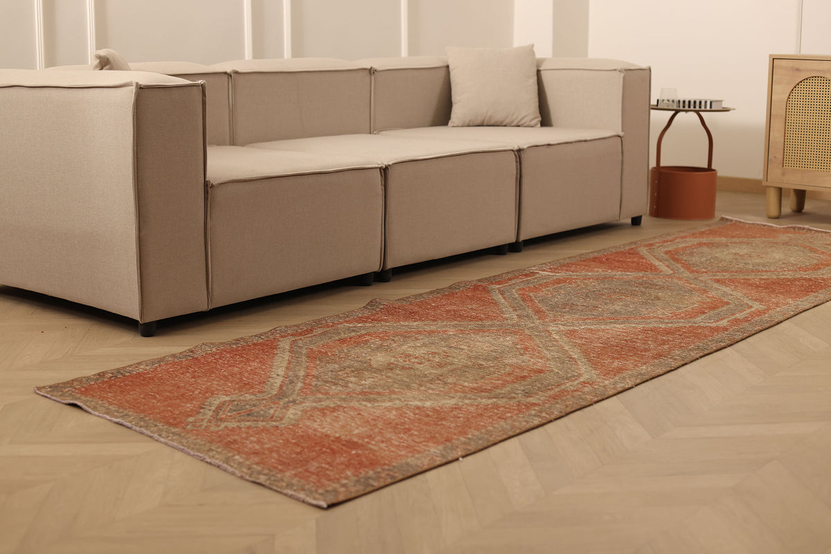 Vintage Malatya Turkish Runner Rug 3x12 ft — Red & Brown Geometric (No. 55662)