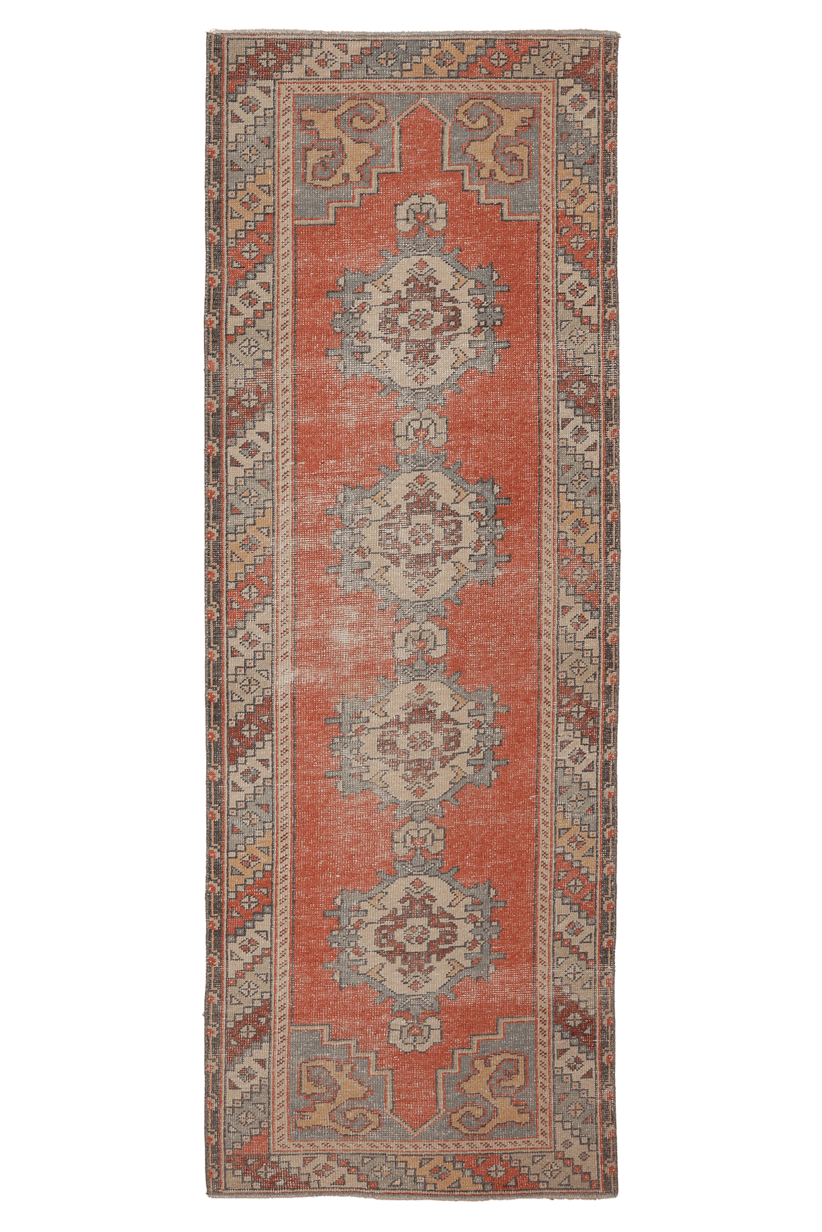 Vintage Niğde Turkish Runner Rug 3x9 ft — Orange & Gray Geometric