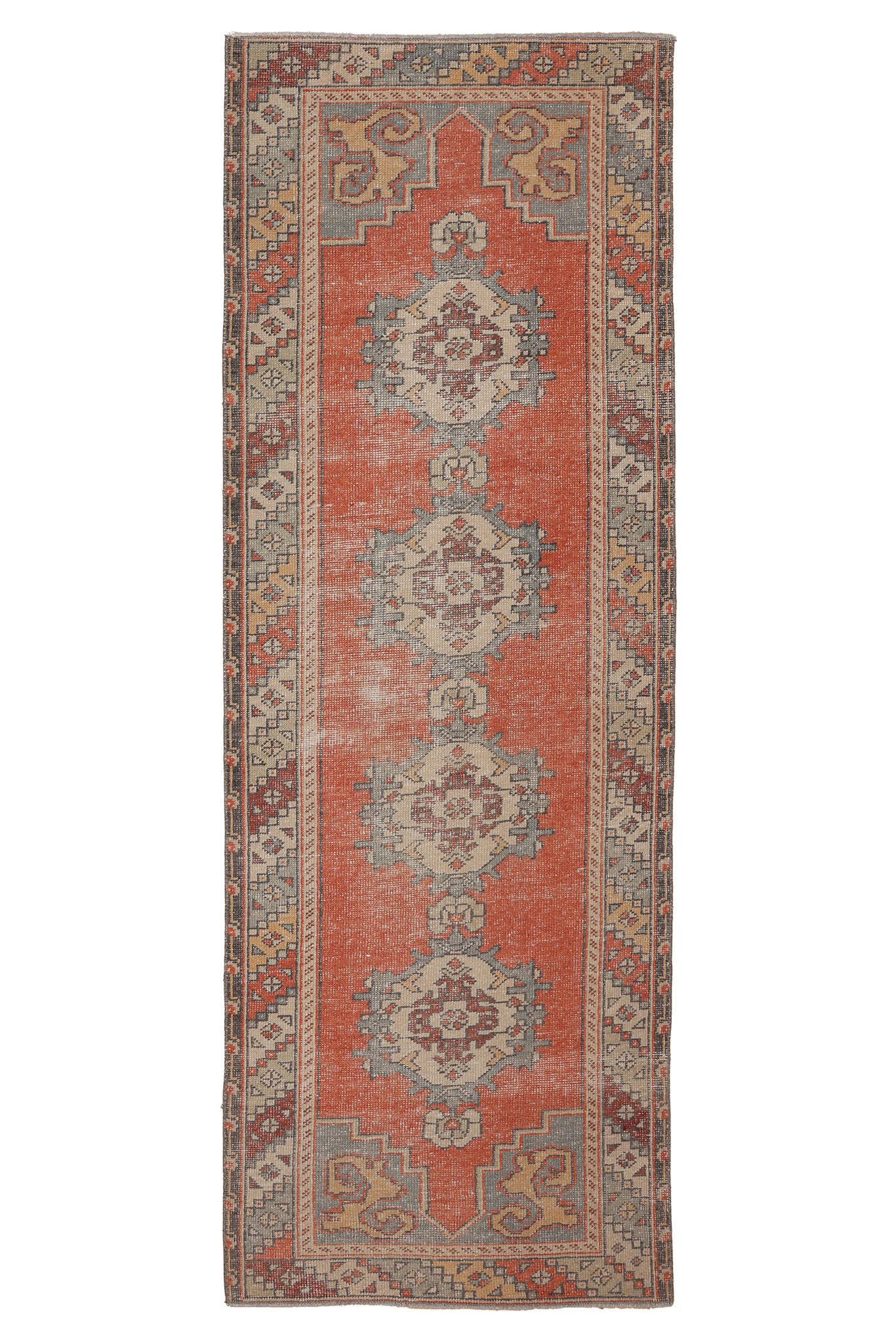 Vintage Niğde Turkish Runner Rug 3x9 ft — Orange & Gray Geometric