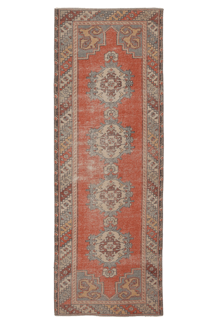 Vintage Niğde Turkish Runner Rug 3x9 ft — Orange & Gray Geometric