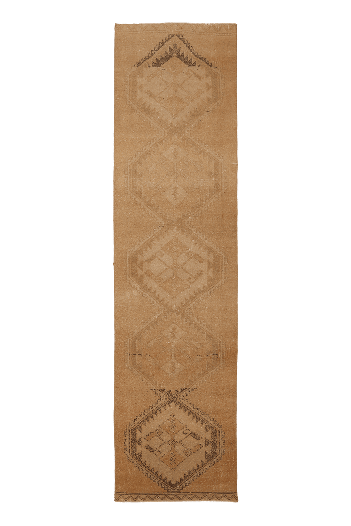 Vintage Malatya Turkish Runner Rug 3x12 ft — Beige & Brown Geometric