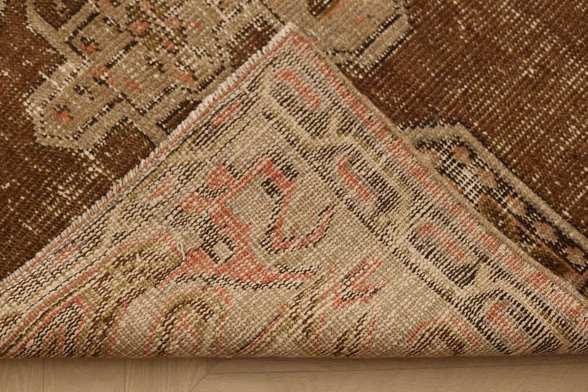 Vintage Elazığ Turkish Area Rug 3x7 ft — Brown & Beige Distressed