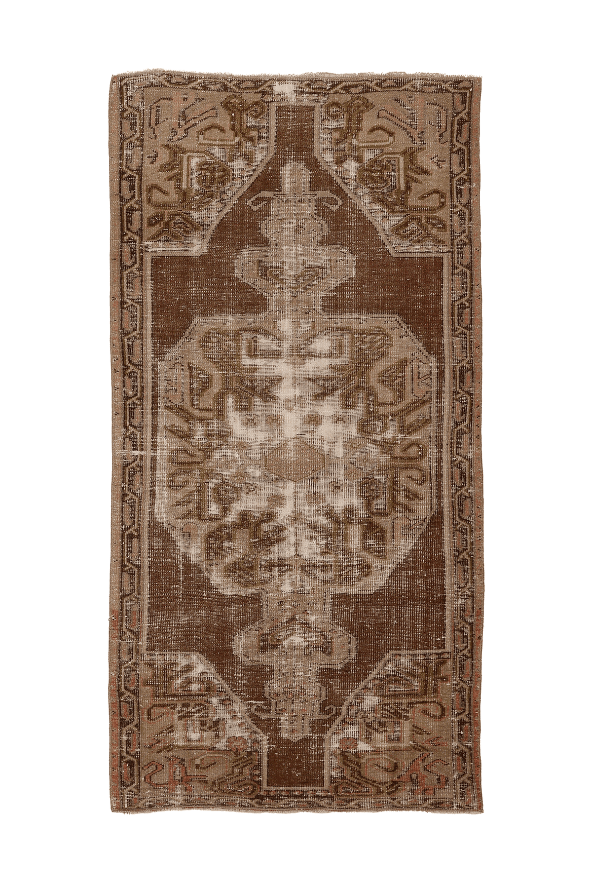 Vintage Elazığ Turkish Area Rug 3x7 ft — Brown & Beige Distressed