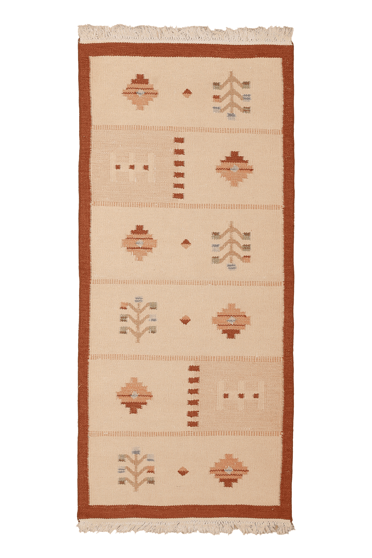 Vintage Uşak Turkish Runner Rug 3x6 ft — Beige & Brown Geometric