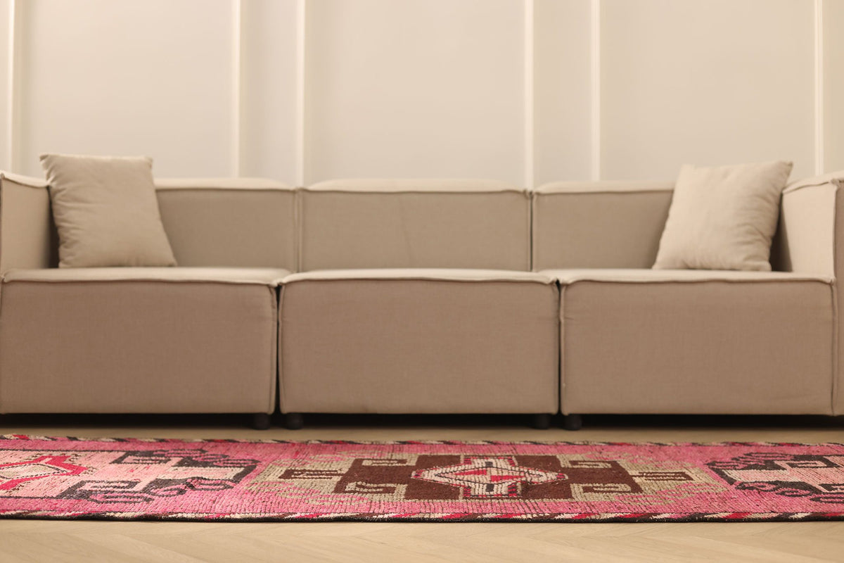Vintage Southeastern Persian Style Runner Rug 3x11 ft — Pink & Brown Geometric