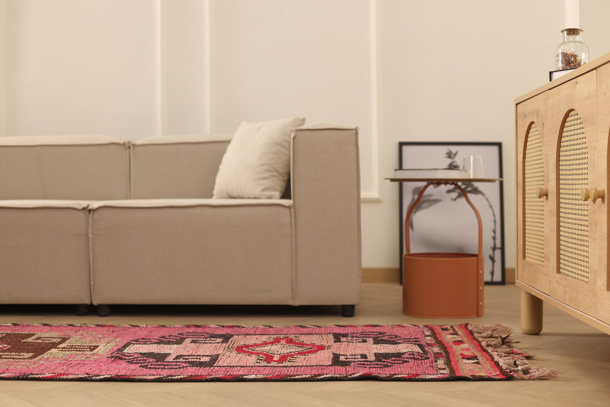 Vintage Southeastern Persian Style Runner Rug 3x11 ft — Pink & Brown Geometric
