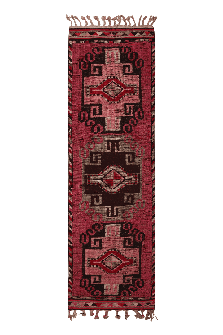 Vintage Southeastern Persian Style Runner Rug 3x11 ft — Pink & Brown Geometric