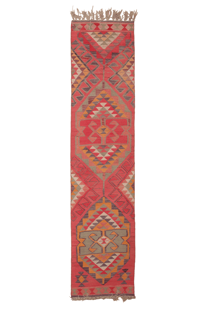 Vintage Southeastern Persian Style Kilim Runner Rug 2x11 ft — Red & Orange Geometric