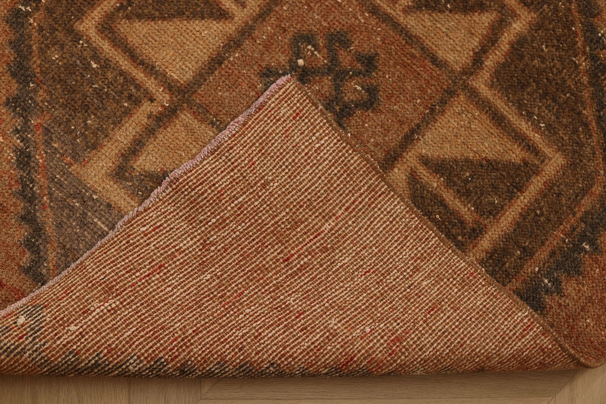Vintage Malatya Turkish Runner Rug 3x12 ft — Brown & Orange Geometric