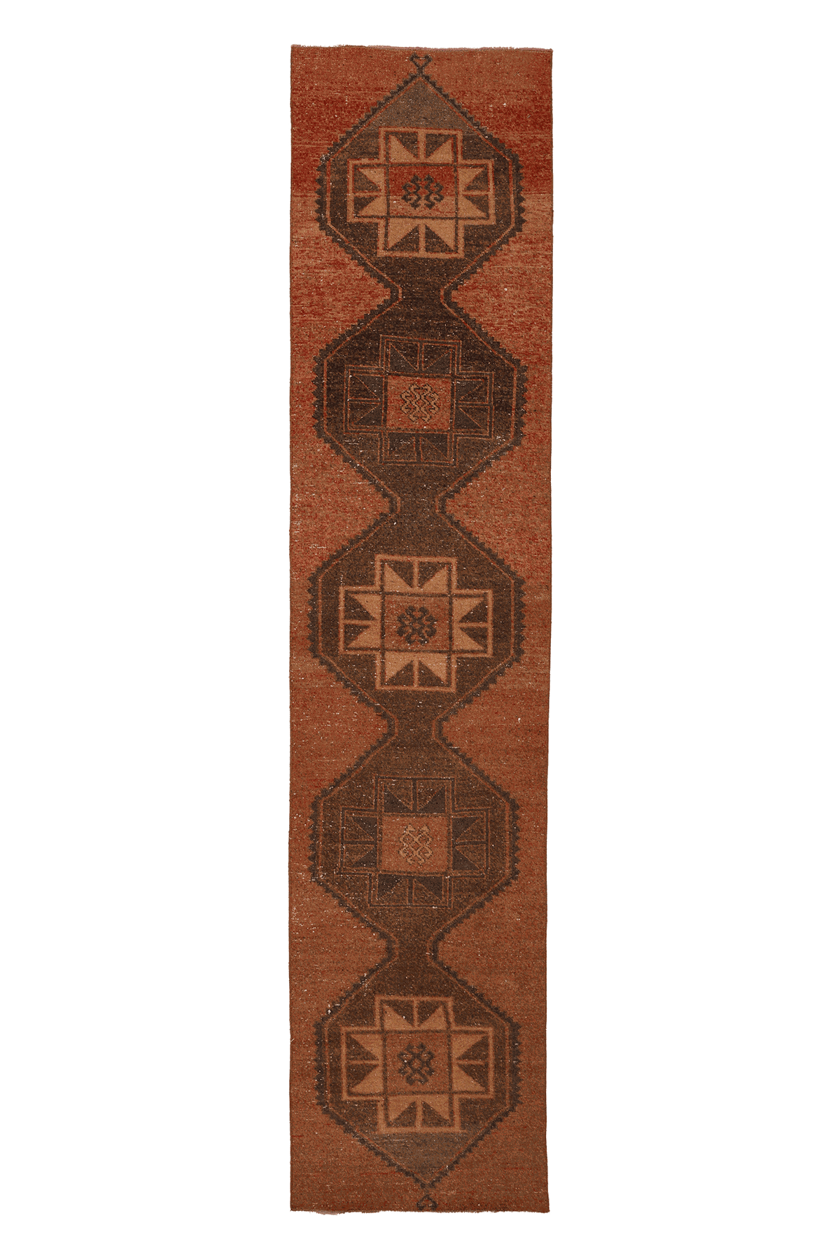 Vintage Malatya Turkish Runner Rug 3x12 ft — Brown & Orange Geometric