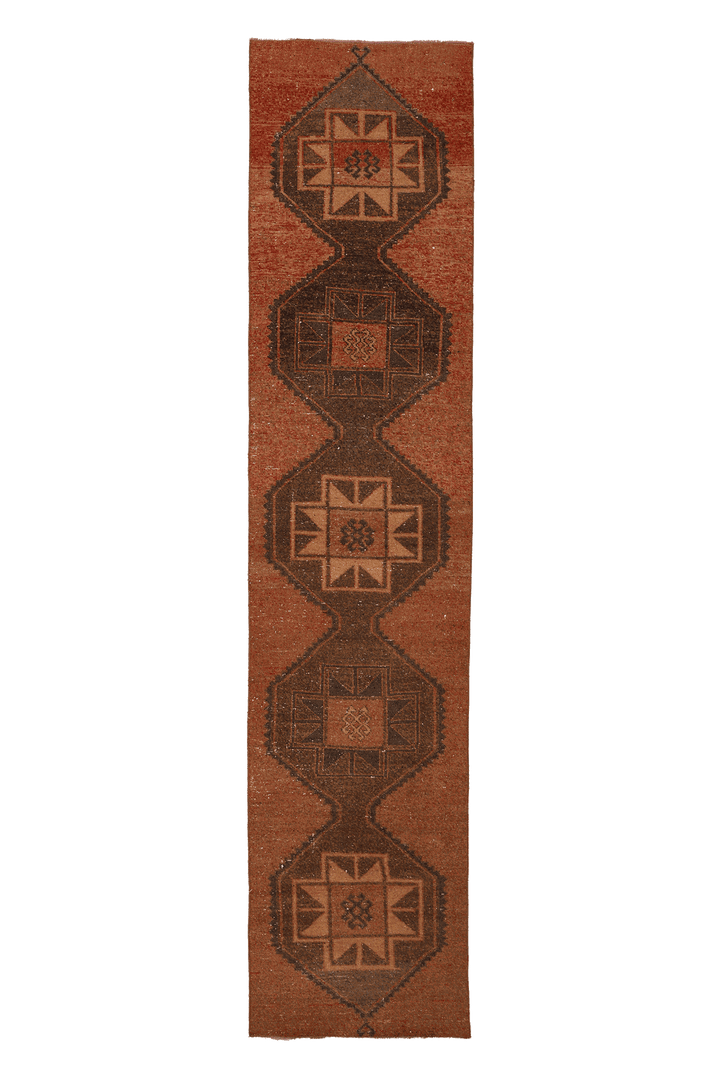 Vintage Malatya Turkish Runner Rug 3x12 ft — Brown & Orange Geometric