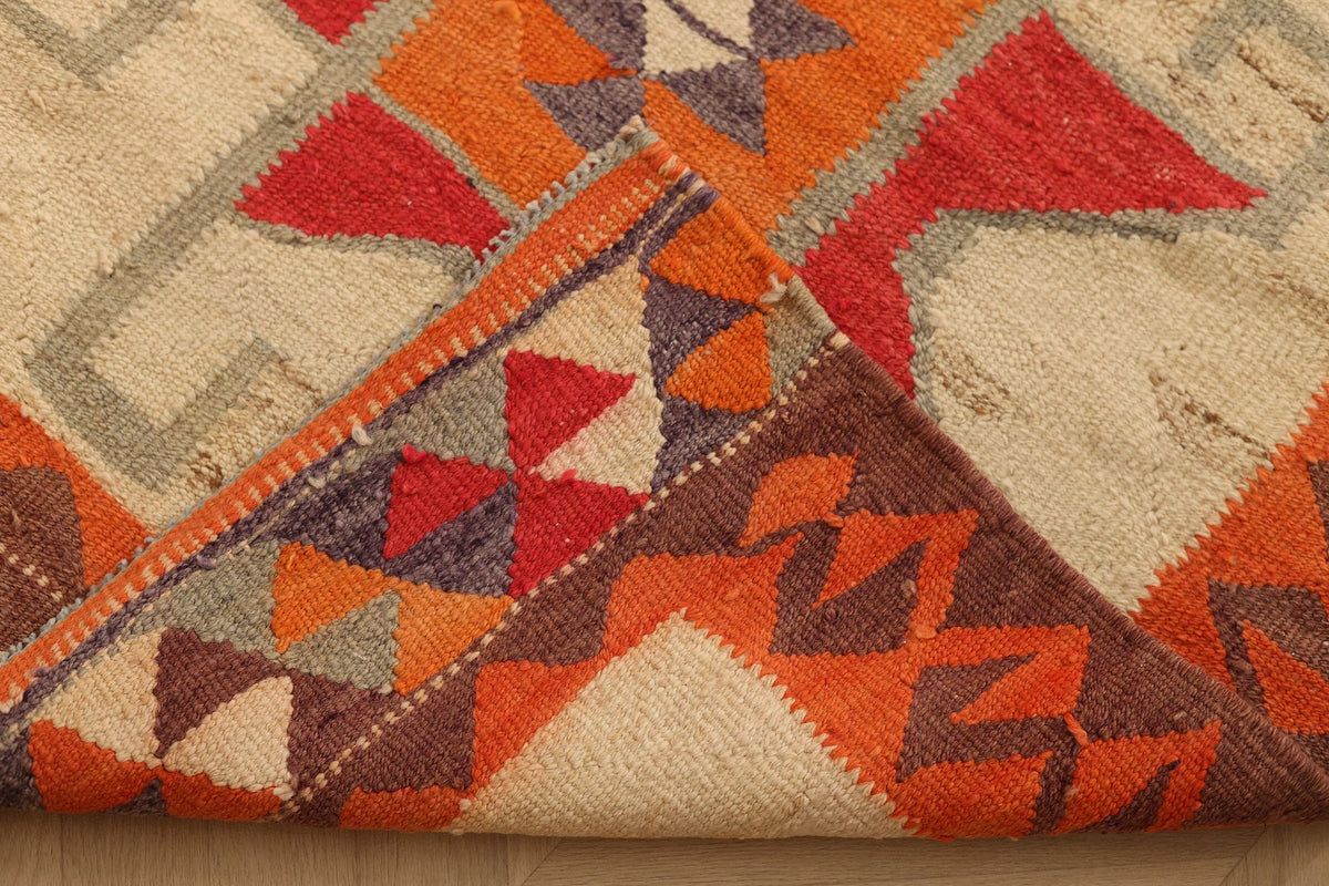 Vintage Southeastern Persian Style Kilim Runner Rug 3x11 ft — Beige & Red Geometric