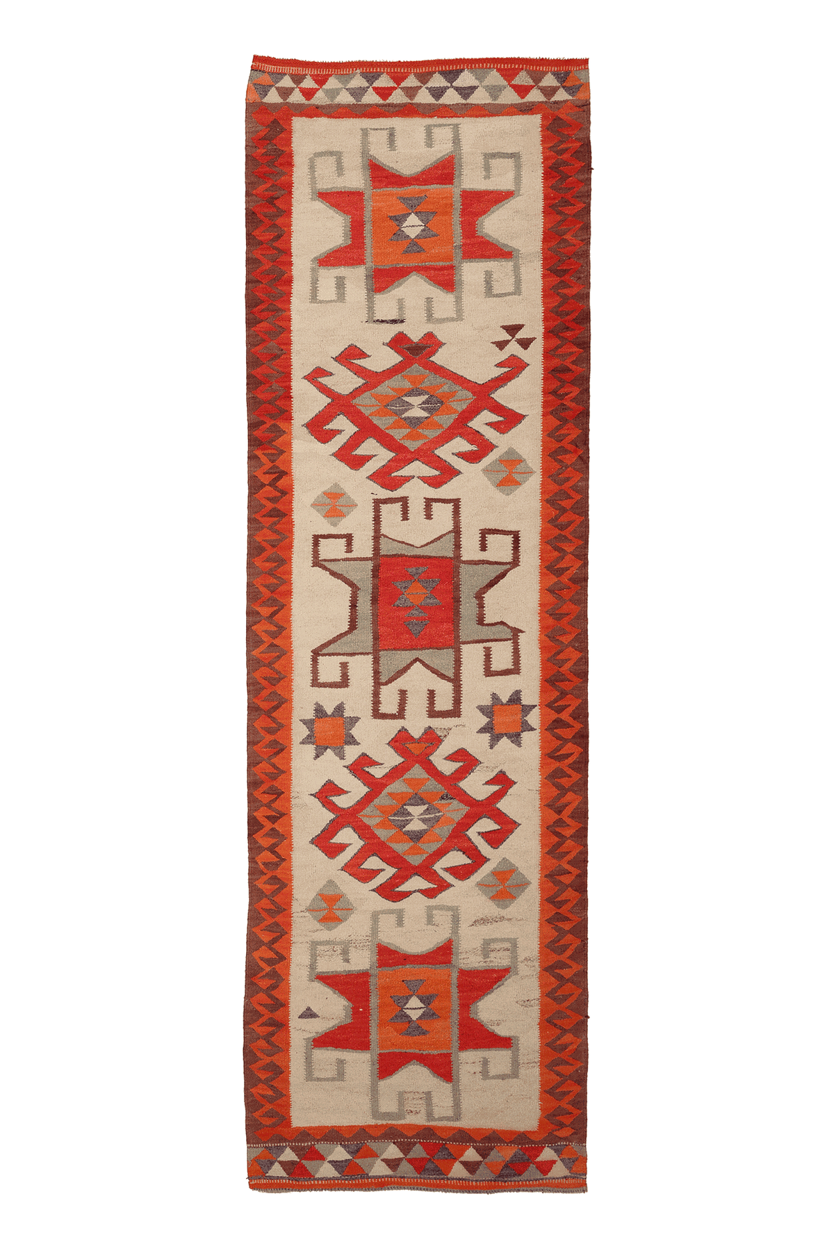 Vintage Southeastern Persian Style Kilim Runner Rug 3x11 ft — Beige & Red Geometric