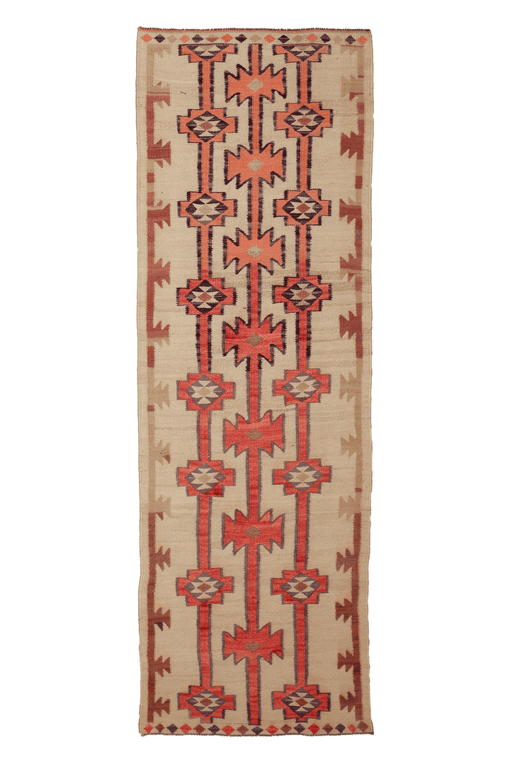 Vintage Southeastern Persian Style Kilim Runner Rug 4x11 ft — Beige & Orange Geometric