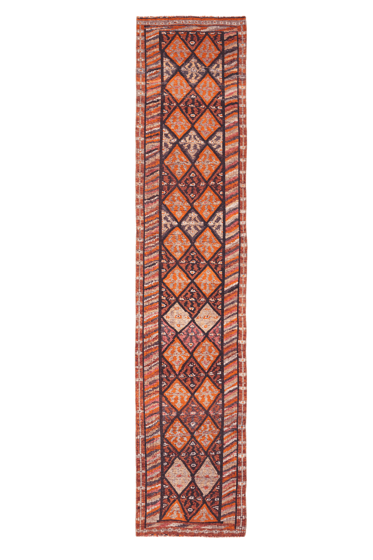 Handmade 2.7x13.3 ft wool and cotton runner rug in brown and orange with a geometric, bohemian maximalist pattern.