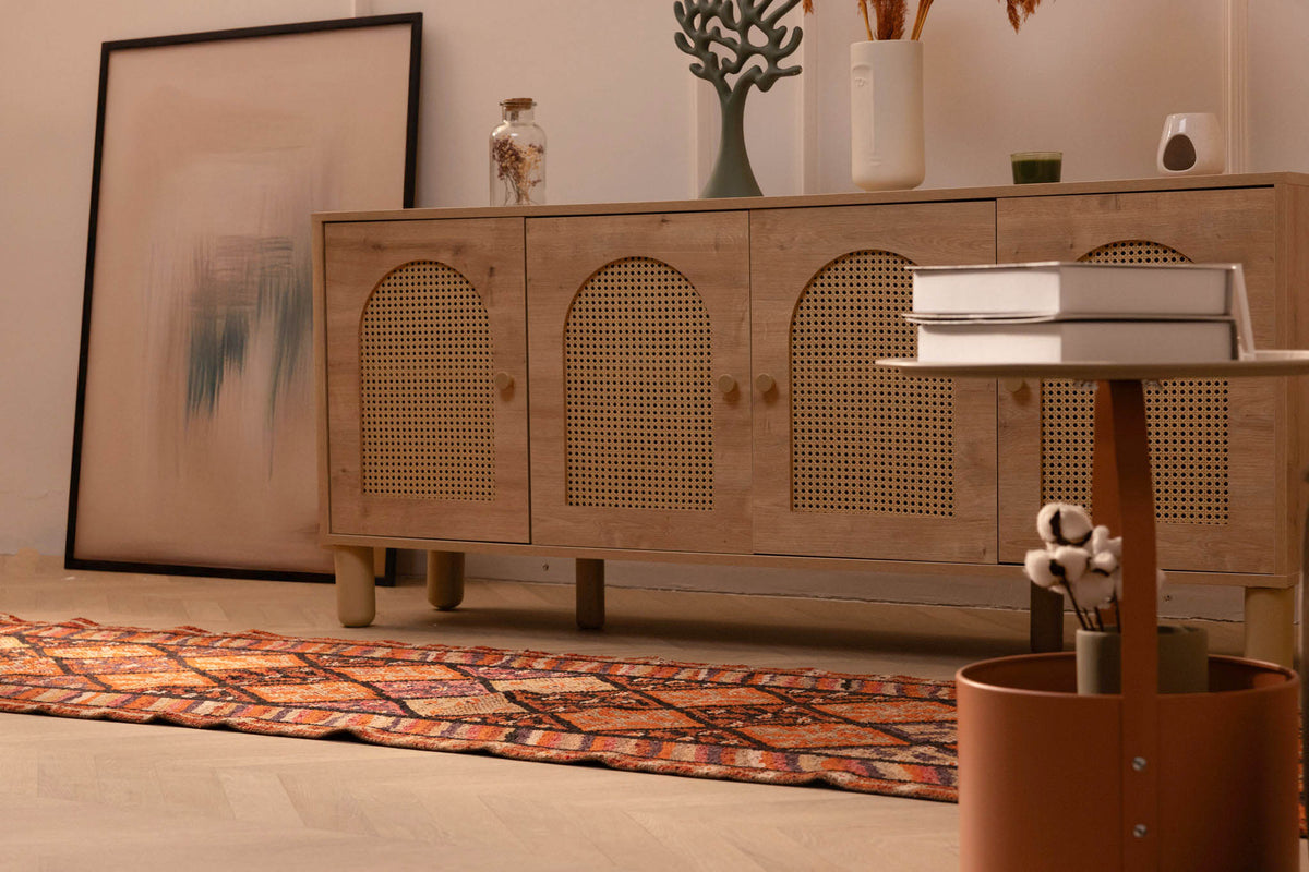 Handmade 2.7x13.3 ft Persian-style runner rug in brown and orange wool-cotton blend with geometric bohemian patterns.