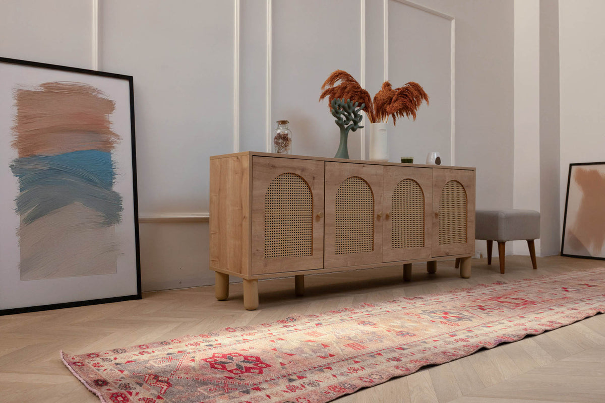 Beige Persian-style runner rug with floral maximalist patterns, handmade from wool and cotton in a 2.7 x 12.9 ft size.