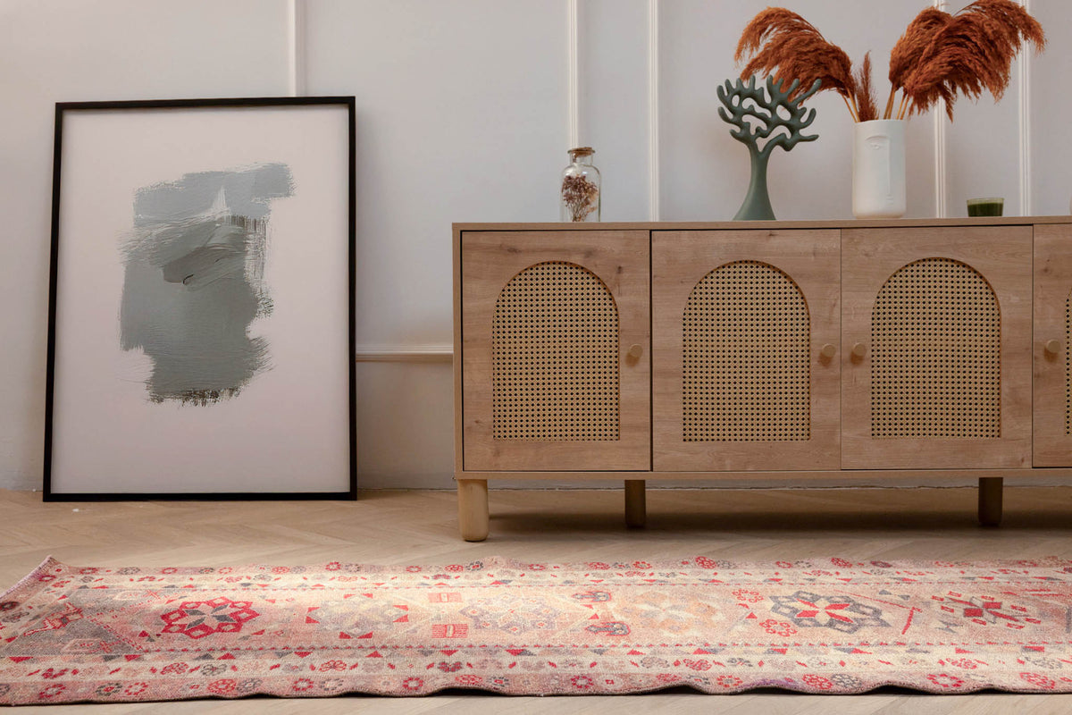 Beige Persian-style runner rug with maximalist floral patterns, handmade from wool and cotton, measuring 2.7 x 12.9 ft.