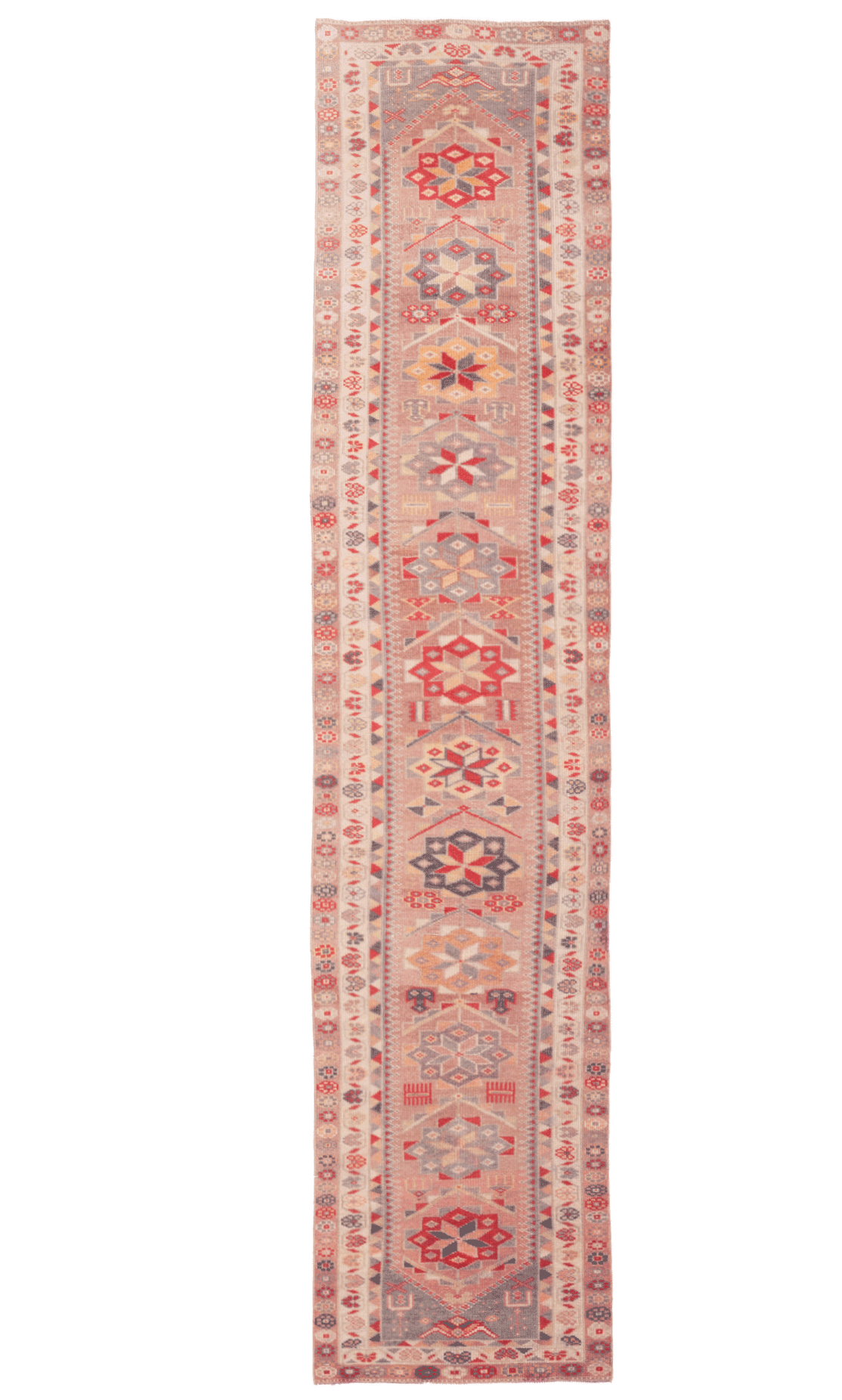 Handmade 2.7x12.9 ft beige Persian-style runner rug in wool and cotton with a maximalist floral bohemian pattern.