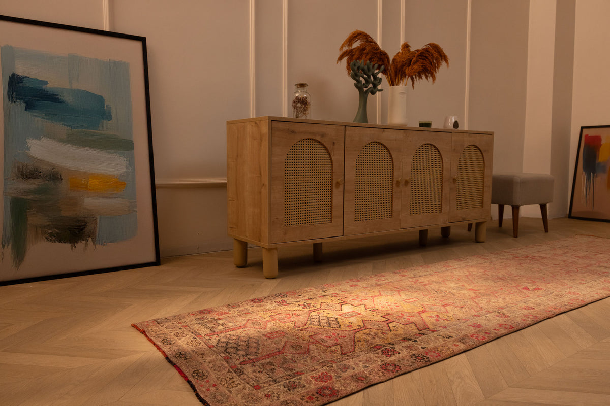 Handmade 2.7x10.9 ft Persian-style runner rug in brown and beige wool-cotton blend with floral bohemian patterns.