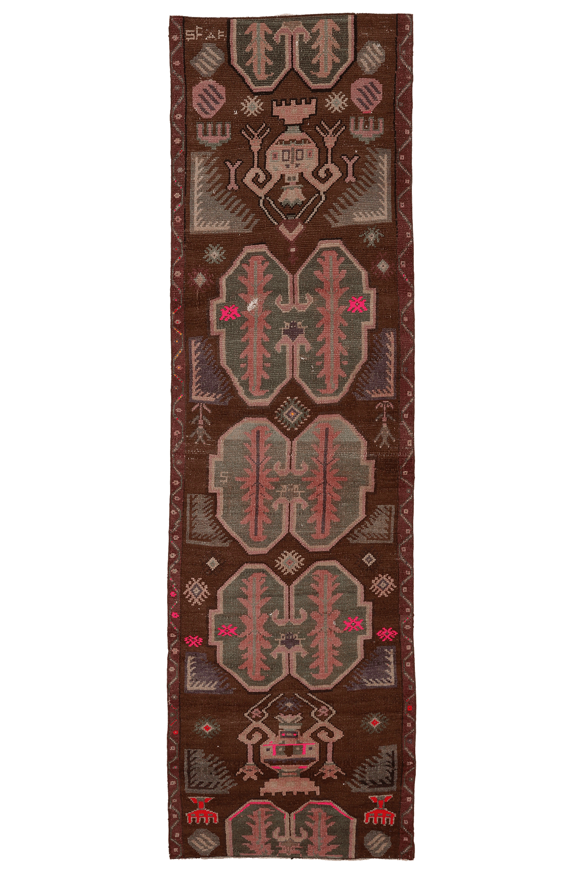 Vintage Kars Turkish Runner Rug 2x10 ft — Brown & Green Geometric