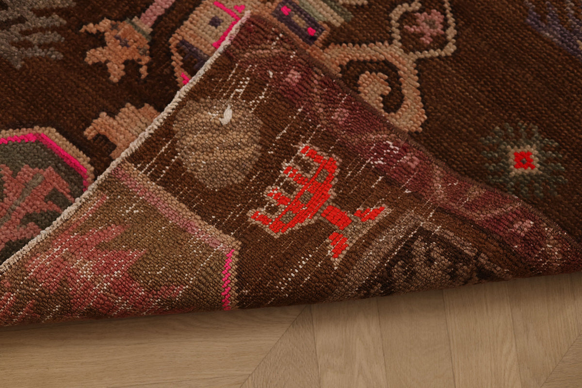 Vintage Kars Turkish Runner Rug 2x10 ft — Brown & Green Geometric