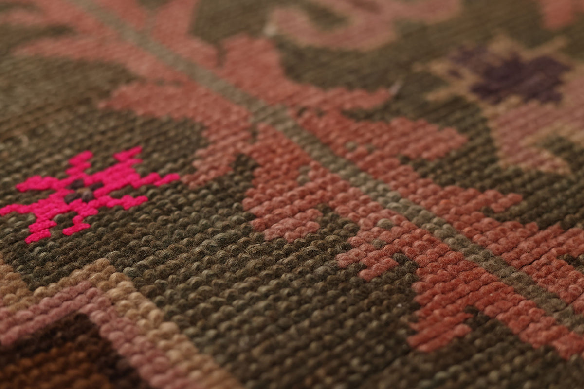 Vintage Kars Turkish Runner Rug 2x10 ft — Brown & Green Geometric