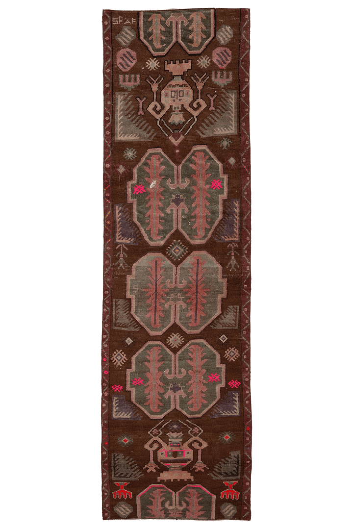 Vintage Kars Turkish Runner Rug 2x10 ft — Brown & Green Geometric