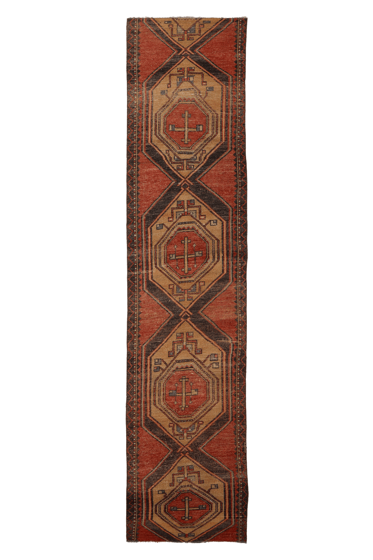 Vintage Malatya Turkish Runner Rug 2x10 ft — Red & Beige Geometric (No. 55841)