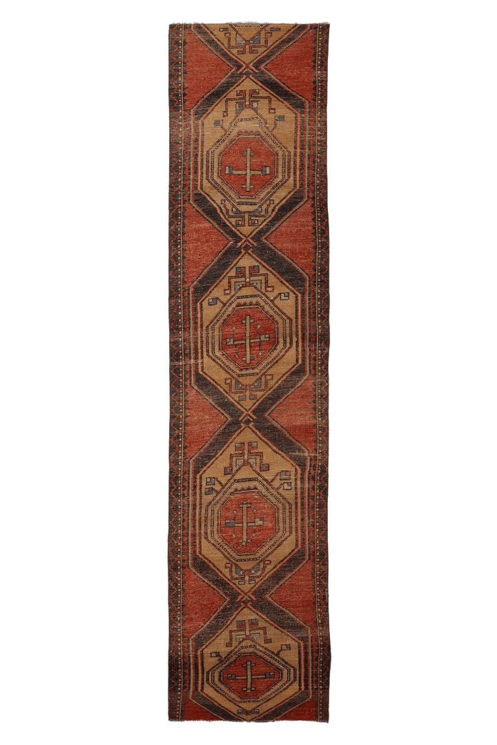 Vintage Malatya Turkish Runner Rug 2x10 ft — Red & Beige Geometric (No. 55841)