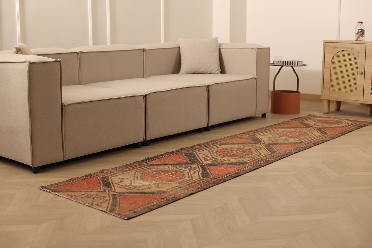 Vintage Malatya Turkish Runner Rug 2x10 ft — Red & Beige Geometric (No. 55841)