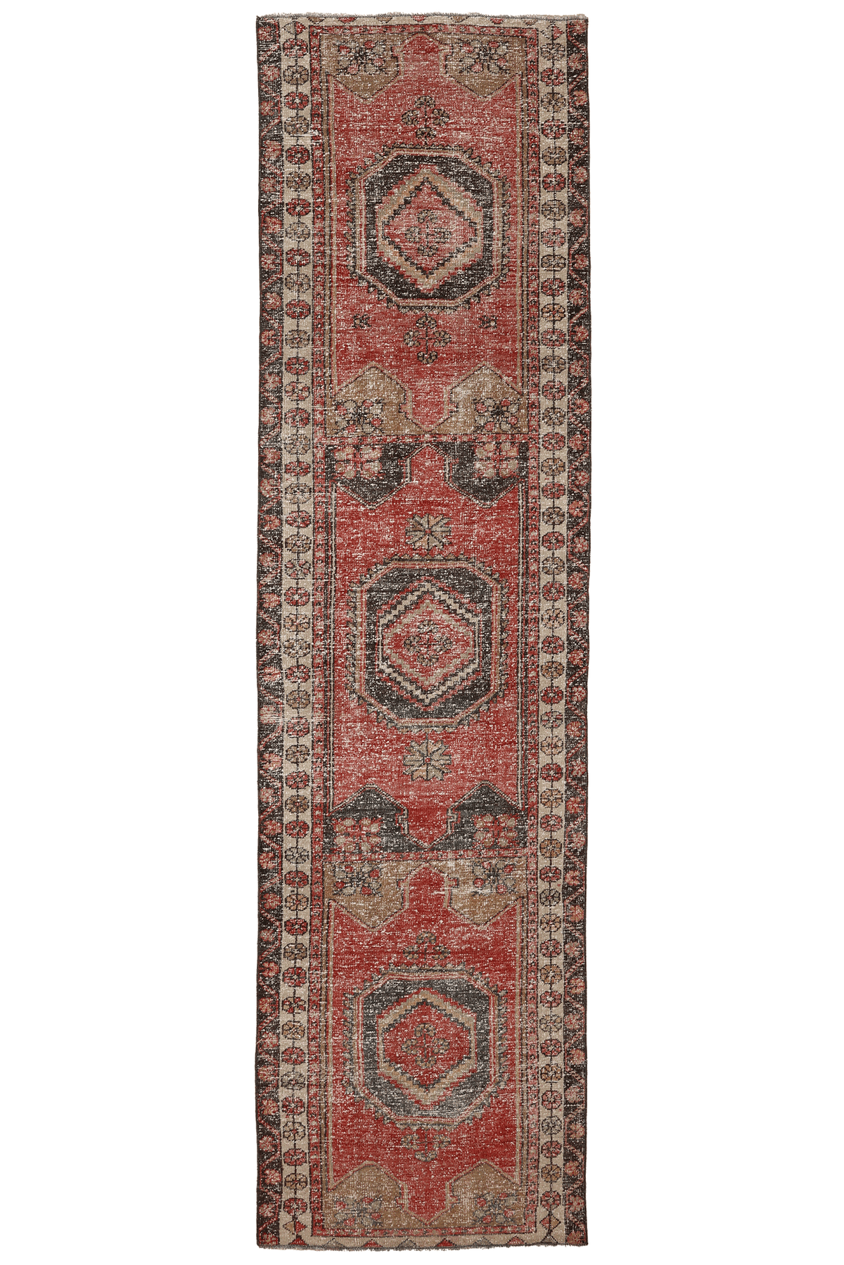 Vintage Malatya Turkish Runner Rug 2x10 ft — Red & Brown Geometric (No. 55843)
