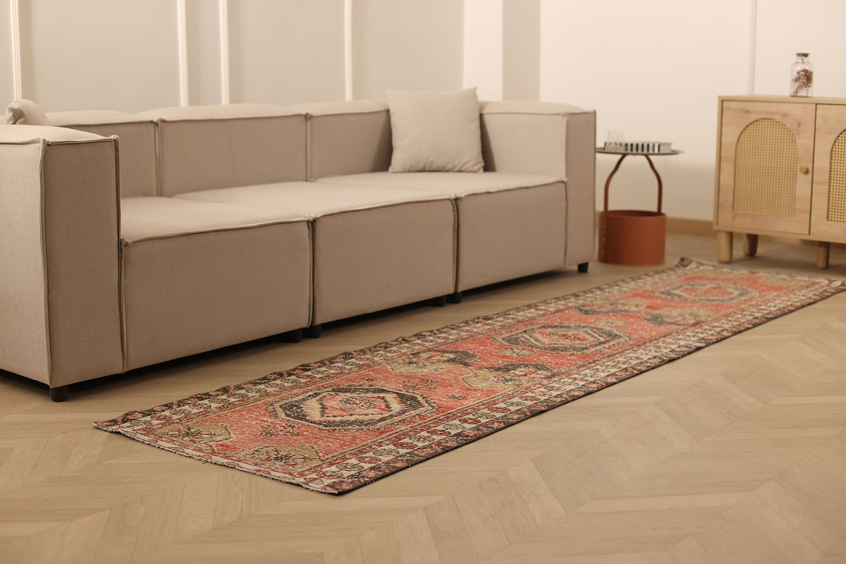 Vintage Malatya Turkish Runner Rug 2x10 ft — Red & Brown Geometric (No. 55843)