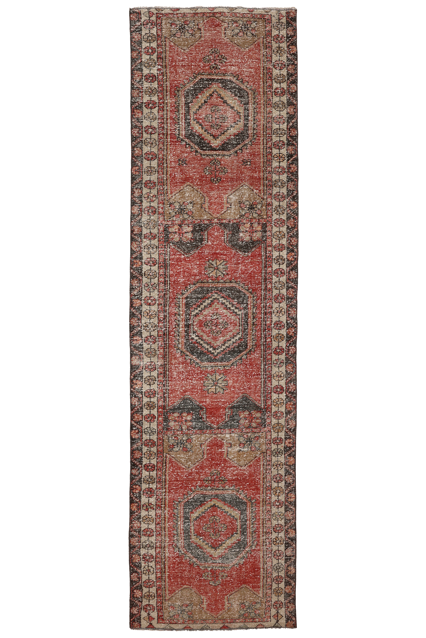 Vintage Malatya Turkish Runner Rug 2x10 ft — Red & Brown Geometric (No. 55843)