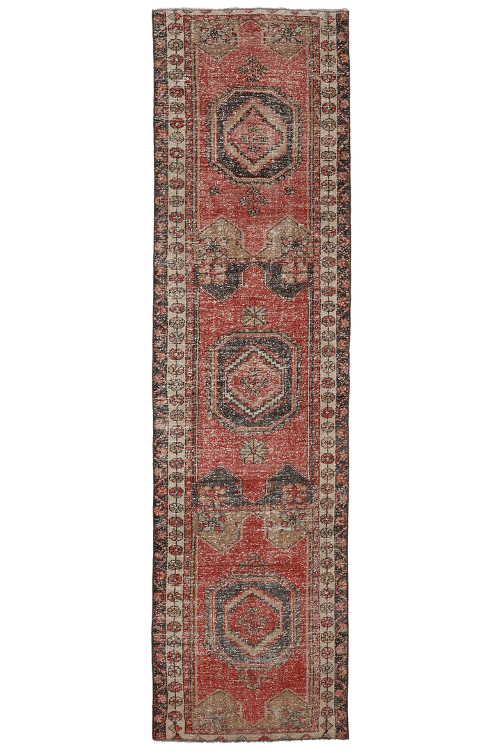 Vintage Malatya Turkish Runner Rug 2x10 ft — Red & Brown Geometric (No. 55843)