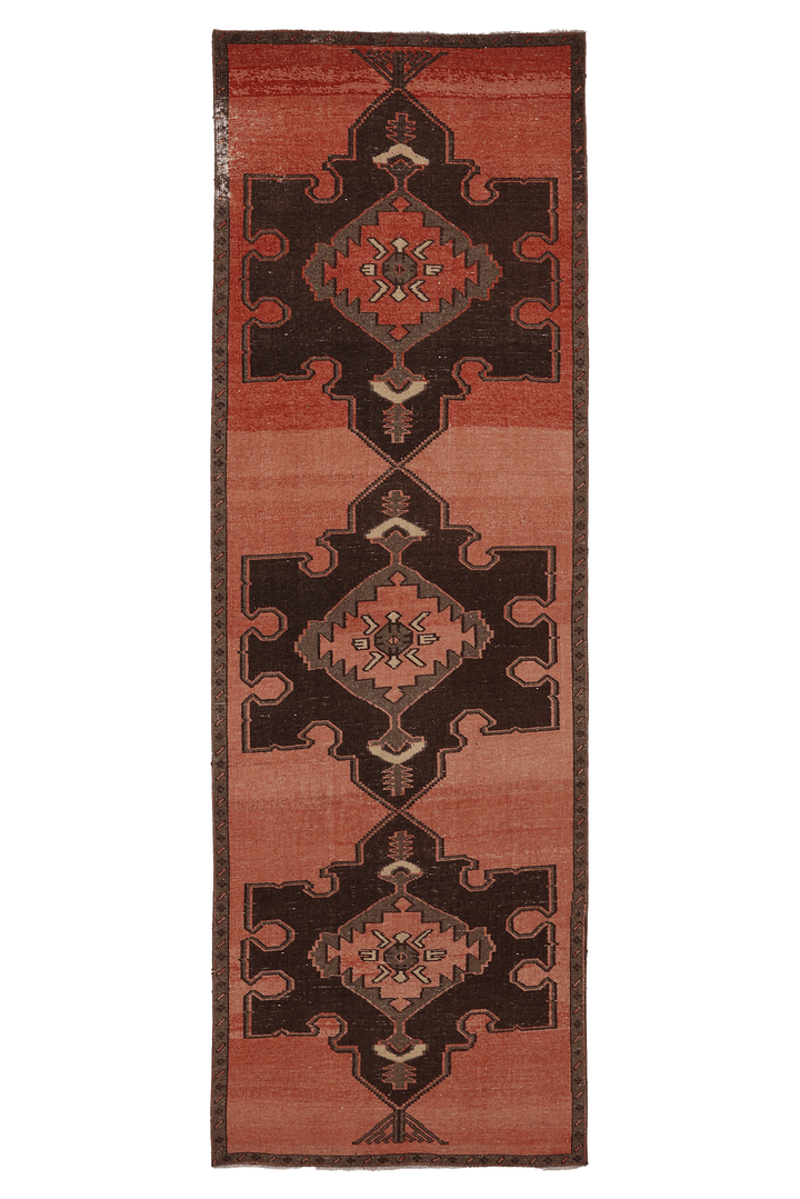 Vintage Malatya Turkish Runner Rug 3x10 ft — Red & Brown Geometric (No. 55866)