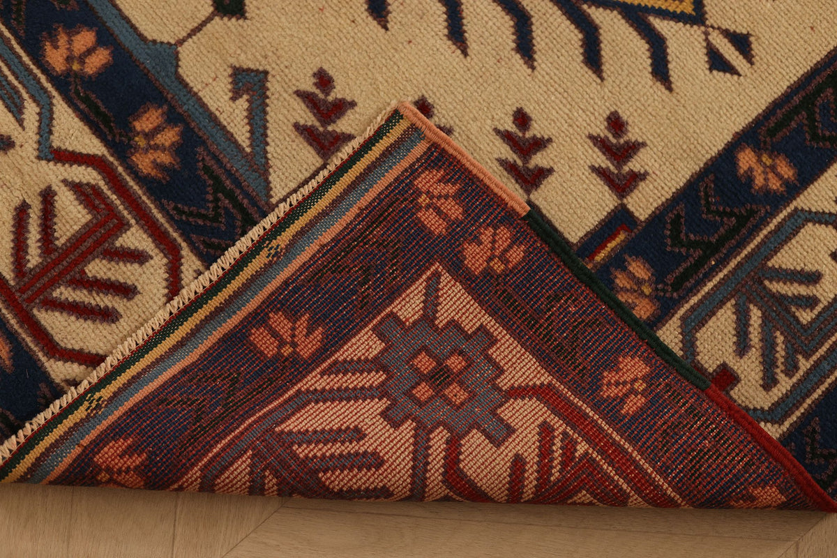 Vintage Balıkesir Turkish Area Rug 4x6 ft — Beige & Blue Geometric