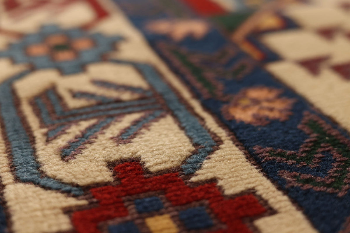 Vintage Balıkesir Turkish Area Rug 4x6 ft — Beige & Blue Geometric