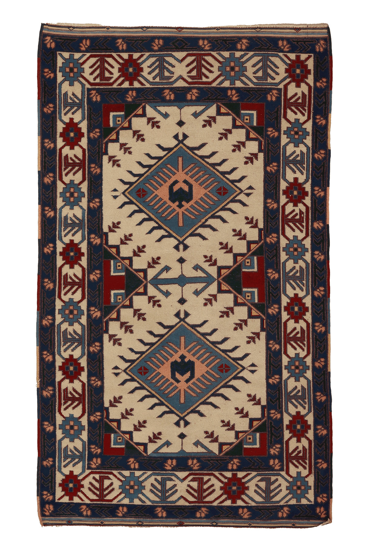 Vintage Balıkesir Turkish Area Rug 4x6 ft — Beige & Blue Geometric