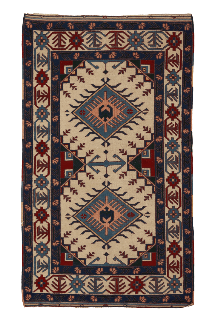 Vintage Balıkesir Turkish Area Rug 4x6 ft — Beige & Blue Geometric